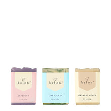 Load image into Gallery viewer, Kalon Mini Travel Size Soap Trio No.1- Oatmeal Honey, Lime Coco, Lavender

