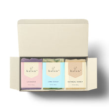 Load image into Gallery viewer, Kalon Mini Travel Size Soap Trio No.1- Oatmeal Honey, Lime Coco, Lavender
