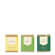 Load image into Gallery viewer, Kalon Mini Travel Size Soap Trio No.2- Ylang Ylang, Neroli, Charcoal
