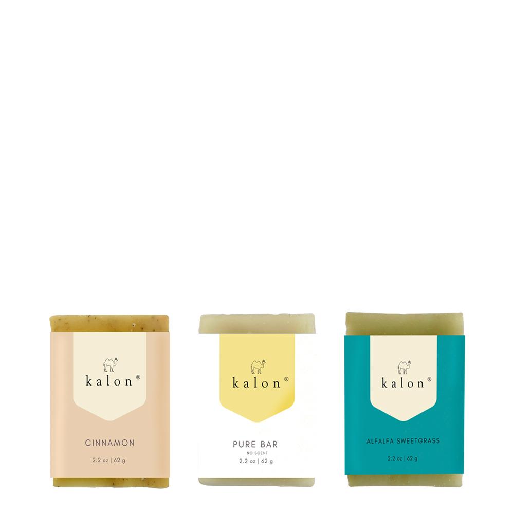Kalon Mini Travel Size Soap Trio No.3- Cinnamon, Pure bar, Alfalfa sweetgrass
